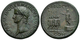 IMPERIO ROMANO. CALÍGULA. Sestercio. Roma (37-38 d.C.). A/ Cabeza laureada a der.; C CAESAR AVG GERMANICVS PON M TR POT. R/ Calígula togado sobre plat...