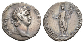 IMPERIO ROMANO. NERÓN. Denario. Roma (64-65 d.C.). A/ Cabeza laureada y barbada a der.; NERO CE(SAR). R/ Nerón togado y radiado con rama y victoria; A...