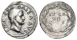 IMPERIO ROMANO. GALBA. Denario. Roma (68-69 d.C.). A/ Cabeza a der.; IMP SER GALBA AV. R/ Corona cívica rodeando SPQR/OB/C S.  AR 3,24 g. 19,4 mm. RIC...