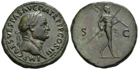 IMPERIO ROMANO. VESPASIANO. Sestercio. Roma (71 d.C.). A/ Busto laureado a der.; IMP CAES VESPAS AVG P M TR P P P COS III. R/ Marte avanzando a der. c...