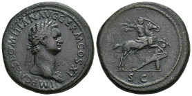 IMPERIO ROMANO. DOMICIANO. Sestercio. Roma (85 d.C.). A/ Cabeza laureada y con égida a der.; IMP CAES DOMITIAN AVG GERM COS XI. R/ El emperador a caba...