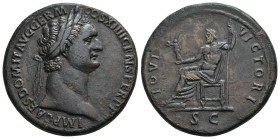 IMPERIO ROMANO. DOMICIANO. Sestercio. Roma (88-89 d.C.). A/ Cabeza laureada a der.; IMP CAES DOMIT AVG GERM COS XIIII CENS PER P P. R/ Júpiter entroni...