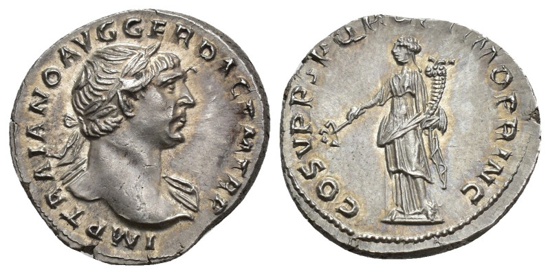 IMPERIO ROMANO. TRAJANO. Denario. Roma (103-111). A/ Cabeza laureada y drapeada ...
