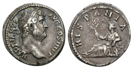 IMPERIO ROMANO. ADRIANO. Denario. Roma (130-133). A/ Cabeza laureada a der.; HADRIANVS AVG COS III P P. R/ Hispania recostada a izq. con rama, conejo ...