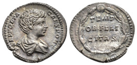 IMPERIO ROMANO. GETA. Denario. Roma (200-202). A/ Busto drapeado a der.; L SEPT GETA CAES PONT. R/ Corona, en su interior TEMP/PR FELI/CITAS. AR 3,14 ...