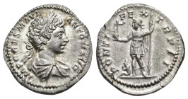 IMPERIO ROMANO. CARACALLA. Denario. Roma (199). A/ Busto laureado y drapeado a der.; IMP CAES M AVR ANTON AVG. R/ El emperador en traje militar a izq....
