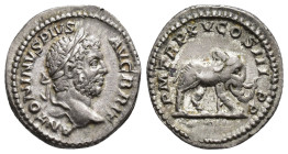 IMPERIO ROMANO. CARACALLA. Denario. Roma (212). A/ Cabeza laureada a der.; ANTONINS PIVS AVG BRIT. R/ Elefante avanzando a der.; P M TR P XV COS III P...