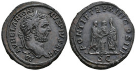 IMPERIO ROMANO. CARACALLA. Sestercio. Roma (210). A/ Cabeza laureada a der.; M AVREL ANTONINVS PIVS AVG. R/ Caracalla y Geta, togados y velados, cara ...