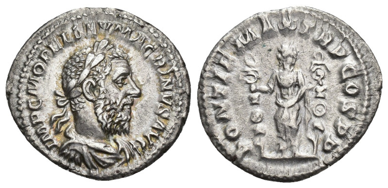 IMPERIO ROMANO. MACRINO. Denario. Roma (217). A/ Busto laureado, drapeado y acor...