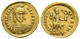 IMPERIO ROMANO. ARCADIO. Sólido. Constantinopolis (397-402). A/ Busto semi-frontal con casco, coraza, lanza y escudo decorado con jinete; D N ARCADIVS...