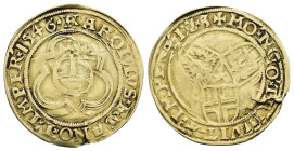 CARLOS V. Florín. 1546. Deventer, Kampen y Zwolle. AU 3,12 g. 24,7 m. DEL-G1074. Pequeña grieta. Leve doble acuñación en rev. MBC-. Rara.