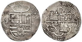 FELIPE II. 4 reales. 15--. Toledo. M en círculo. AR 13,75 g. 32,9 mm. AC-tipo 180. Leves oxidaciones. MBC-. Escasa.