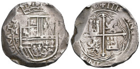 FELIPE II. 8 reales. S/F. México. F. III en lugar de HI al comienzo de la ley. del rev. AR 27,22 g. 37,5 mm. AC-664 var. Vanos. MBC. Muy interesante.