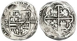 FELIPE II. 8 reales. S/F. Toledo. M en círculo. R/ AR 23,59 g. 35 mm. AC-748. MBC-.