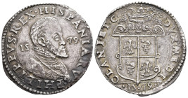 FELIPE II. Ducatón. 1579. Milán. AR 32,04 g. 40,9 mm. Crippa-11; Olivares-23. Pátina gris. MBC+.