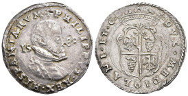 FELIPE II. 1/2 ducatón. 1588. Milán. AR 16,04 g. 35,1 mm. Crippa-26/C-3; Olivares-8º tipo. Pequeñas erosiones. Acuñación algo floja en anv. MBC+. Esca...