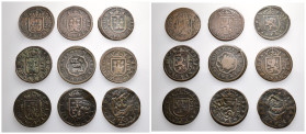 FELIPE III. Lote de 9 monedas de 8 mrs. con sus tejuelos antiguos, 3 de ellas con resellos. BC+/MBC.