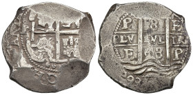 CARLOS II. 8 reales. 1668. Potosí. E. Tres fechas. AR 26,94 g. 39,8 mm. AC-699. Raya en rev. MBC-.
