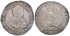 CARLOS II. Ducatón. 1671. Amberes. AR 32,41 g. 45,5 mm. Vanhoudt-692.AN. Rayita en anv. y ligera plata agria. MBC-/MBC. Escasa.