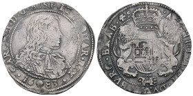 CARLOS II. Ducatón. 1683. Bruselas. AR 32,18 g. 44 mm. Vanhoudt-694.BS. Acuñación floja sobre todo en anv. y doble acuñación en rev. MBC-/MBC. Rara....