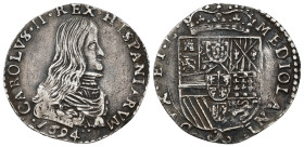 CARLOS II. 1/4 felipe. 1694. Milán. AR 6,76 g. 30,4 mm. Crippa-10. Finas rayas en anv. MBC.