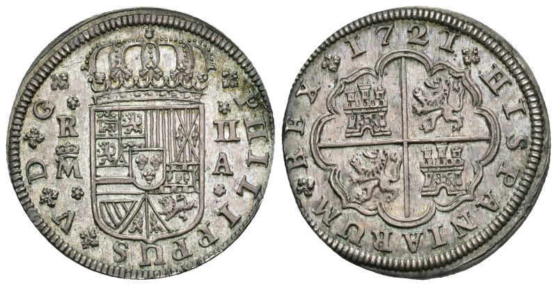 FELIPE V. 2 reales. 1721. Madrid. A. AR 5,58 g. 27,8 mm. VI-632. B.O. EBC.