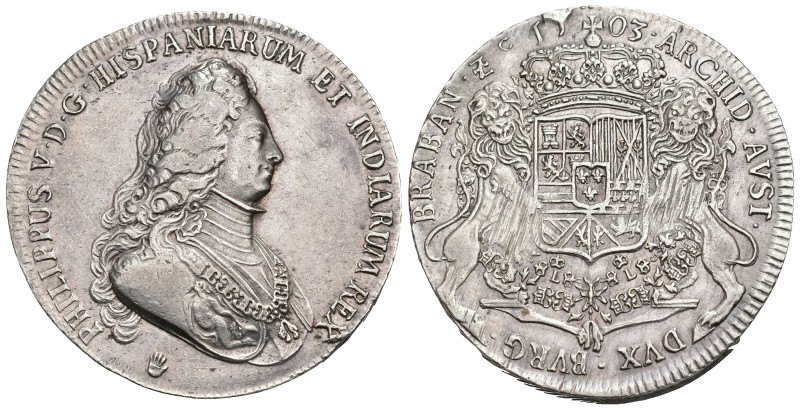 FELIPE V. Ducatón. 1703. Amberes. AR 32,48 g. 42,9 mm. Vanhoudt-736.AN. Rayas de...