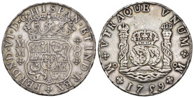 FERNANDO VI. 8 reales. 1759. México. MM. AR 26,75 g. 38,3 mm. VI-370. MBC.