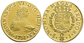 FERNANDO VI. 8 escudos. 1751. Santiago. J. AU 27,03 g. 35,1 mm. VI-632. Ligera acuñación floja. SC.
