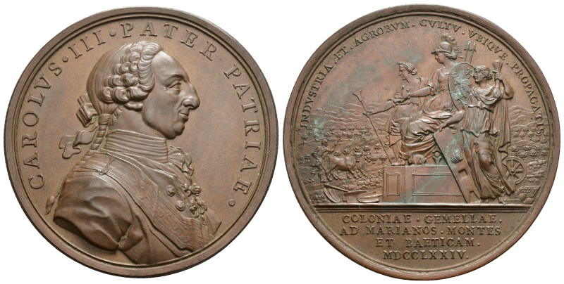 CARLOS III. Medalla. 1774. Colonización de Sierra Morena. Grabador de anv. Priet...