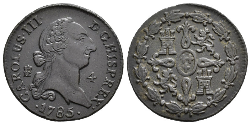 CARLOS III. 4 maravedís. 1785. Segovia. CU 5,21 g. 23,5 mm. VI-52. MBC+.
