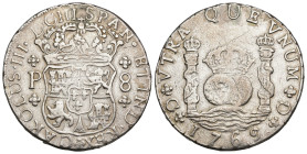 CARLOS III. 8 reales. 1769. Guatemala. P. AR 26,58 g. 38,1 mm. VI-854. Agujero tapado. Finas rayas. MBC.