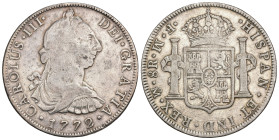 CARLOS III. 8 reales. 1772. México. FM invertidas. AR 26,64 g. 40,1 mm. VI-932. MBC-/MBC.