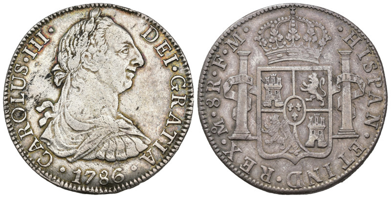 CARLOS III. 8 reales. 1786. México. FM. AR 26,9 g. 38,4 mm. VI-951. Golpe en can...