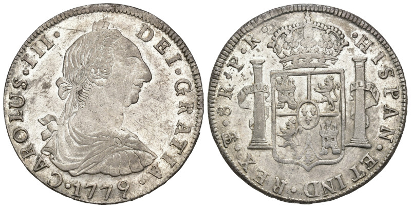 CARLOS III. 8 reales. 1779. Potosí. PR. AR 26,77 g. 40 mm. VI-987. Pequeñas marc...