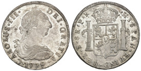 CARLOS III. 8 reales. 1779. Potosí. PR. AR 26,77 g. 40 mm. VI-987. Pequeñas marcas. B.O. EBC+.