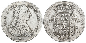 CARLOS III. 120 grana. 1752. Nápoles. AR 25,2 g. 41,8 mm. Vti.-152. Rayas de ajuste en rev. MBC-.