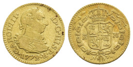 CARLOS III. 1/2 escudo. 1772. Madrid. PJ. AU 1,72 g. 13,8 mm. VI-1053. Pequeñas marcas. MBC-.