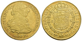 CARLOS III. 8 escudos. 1777. Lima. MJ. AU 27,01 g. 37,6 mm. VI-1604. R.B.O. MBC/MBC+. Muy escasa.
