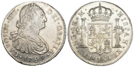 CARLOS IV. 8 reales. 1797. Nueva Guatemala. M. AR 26,82 g. 39,7 mm. VI-738. Pequeñas marcas. B.O. EBC-/EBC.