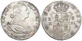 CARLOS IV. 8 reales. 1808. Madrid. AI. AR 27,04 g. 39,3 mm. VI-781. Rayitas de ajuste en anv. y ligera plata agria en rev. EBC-/EBC.