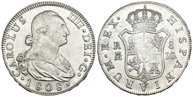 CARLOS IV. 8 reales. 1808. Madrid. IG. AR 27,16 g. 40,4 mm. VI-782. Rayas de aju...