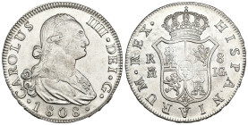 CARLOS IV. 8 reales. 1808. Madrid. IG. AR 27,16 g. 40,4 mm. VI-782. Rayas de ajuste en anv. y rev. EBC-.