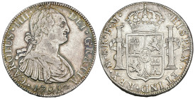 CARLOS IV. 8 reales. 1792. México. FM. AR 26,75 g. 38,4 mm. VI-788. Pequeñas marcas. MBC.