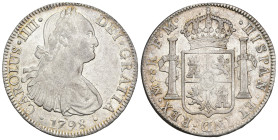 CARLOS IV. 8 reales. 1798. México. FM. AR 26,93 g. 39,1 mm. VI-794. Rayita en anv. R.B.O. MBC+.