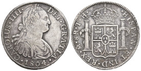 CARLOS IV. 8 reales. 1804. México. TH. AR 26,69 g. 39,4 mm. VI-802. Pequeñas marcas. MBC.