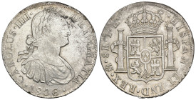 CARLOS IV. 8 reales. 1806. México. TH. AR 26,85 g. 39,6 mm. VI-804. Leves oxidaciones. MBC+.