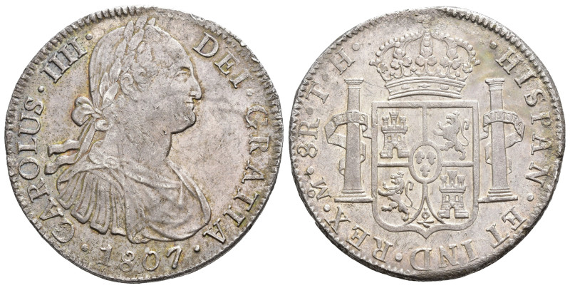 CARLOS IV. 8 reales. 1807. México. TH. AR 26,76 g. 39,7 mm. VI-805. Rayas en anv...