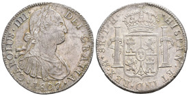 CARLOS IV. 8 reales. 1807. México. TH. AR 26,76 g. 39,7 mm. VI-805. Rayas en anv. R.B.O. MBC+/EBC-.