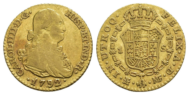 CARLOS IV. Escudo. 1792. Madrid. MF. AU 3,35 g. 17 mm. VI-907. MBC-/MBC+.